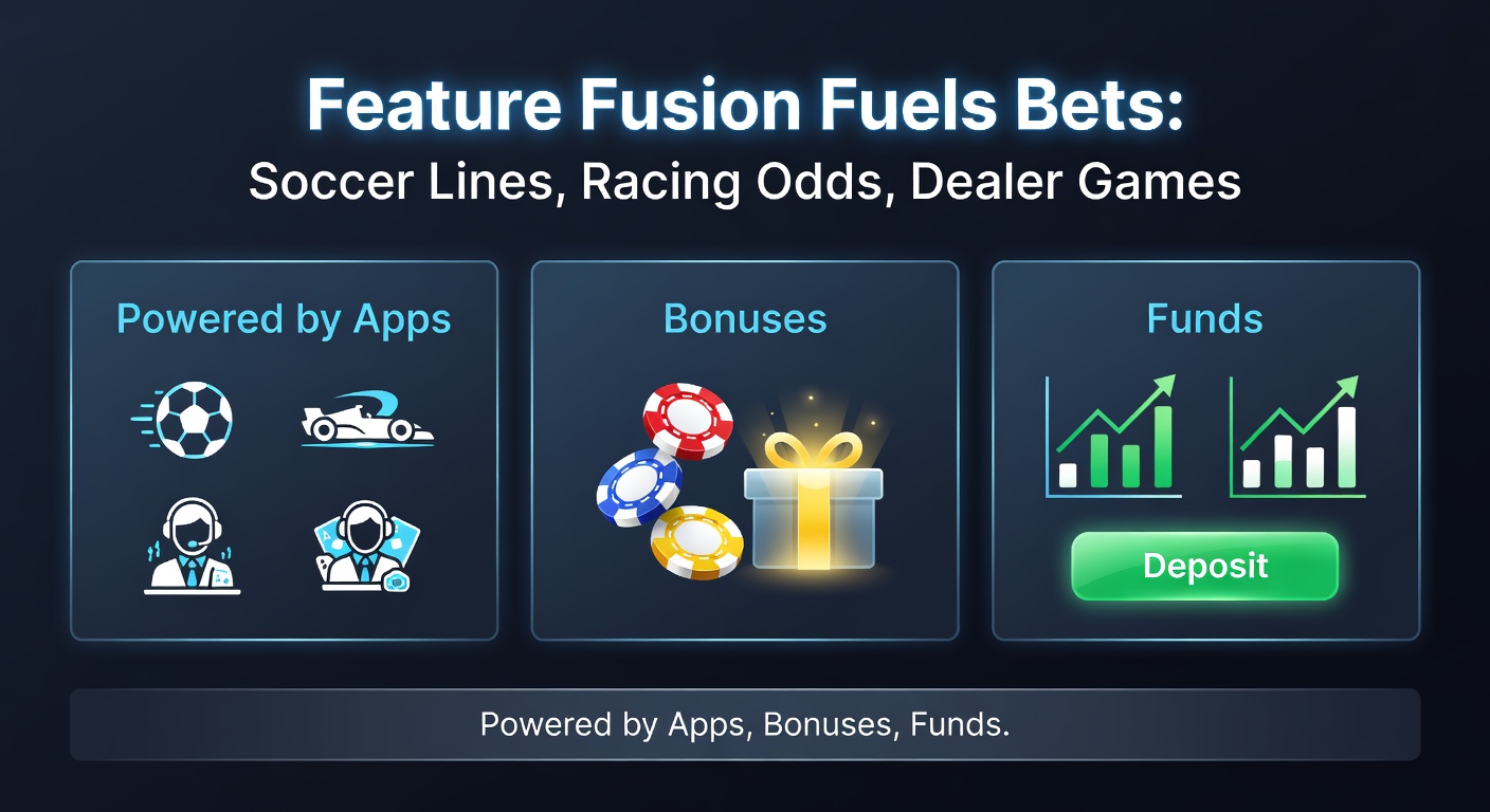 Screenshot collage of a betting app displaying live soccer odds, horse racing each-way bets, live dealer poker hands, stacked bonuses, instant deposit buttons, and 24/7 support chat
