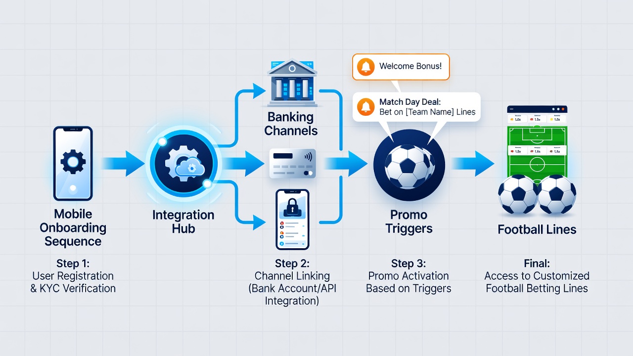 Flowchart diagram illustrating connections between mobile onboarding, banking channels, and promotional triggers for football and racing markets